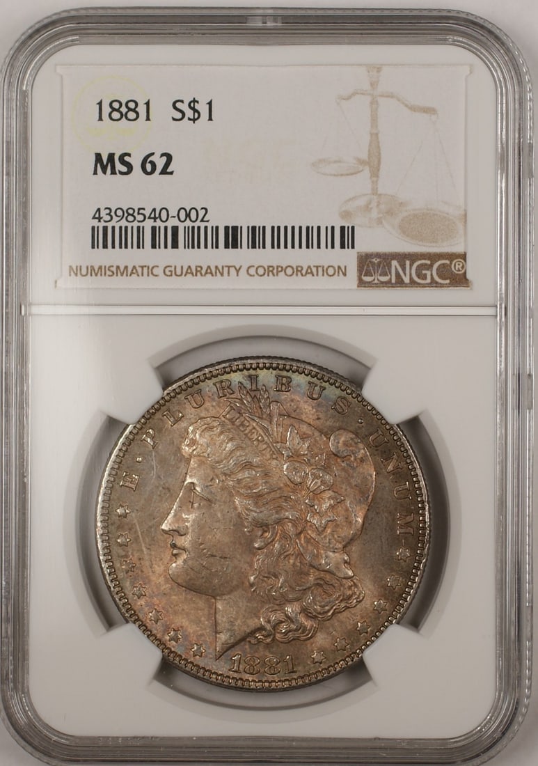 NGC MS-62 1881 Morgan Dollar Silver Coin Philadelphia Toned: NGC MS-62 1881 Morgan Dollar Silver Coin Philadelphia Toned This 1881 Morgan Silver Dollar coin was minted in Philadelphia and is certified by NGC with a grade of MS-62. It features a toned finish and