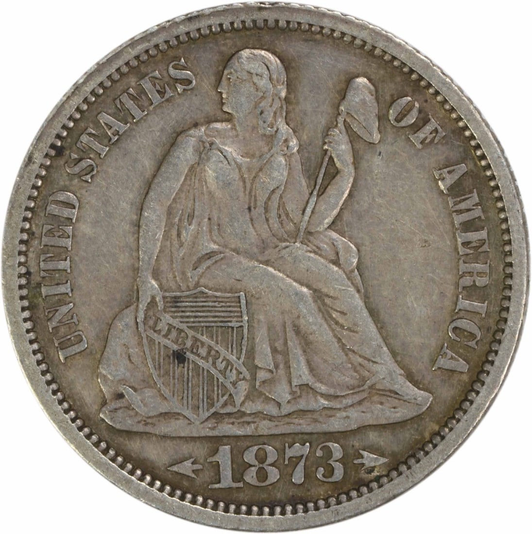 1873 Liberty Seated Dime 10C AU Uncertified Philadelphia Mint: 1873 Liberty Seated Dime 10C AU Uncertified Philadelphia Mint This 1873 Liberty Seated Silver Dime features the iconic design by Christian Gobrecht, representing a significant piece of American coinag