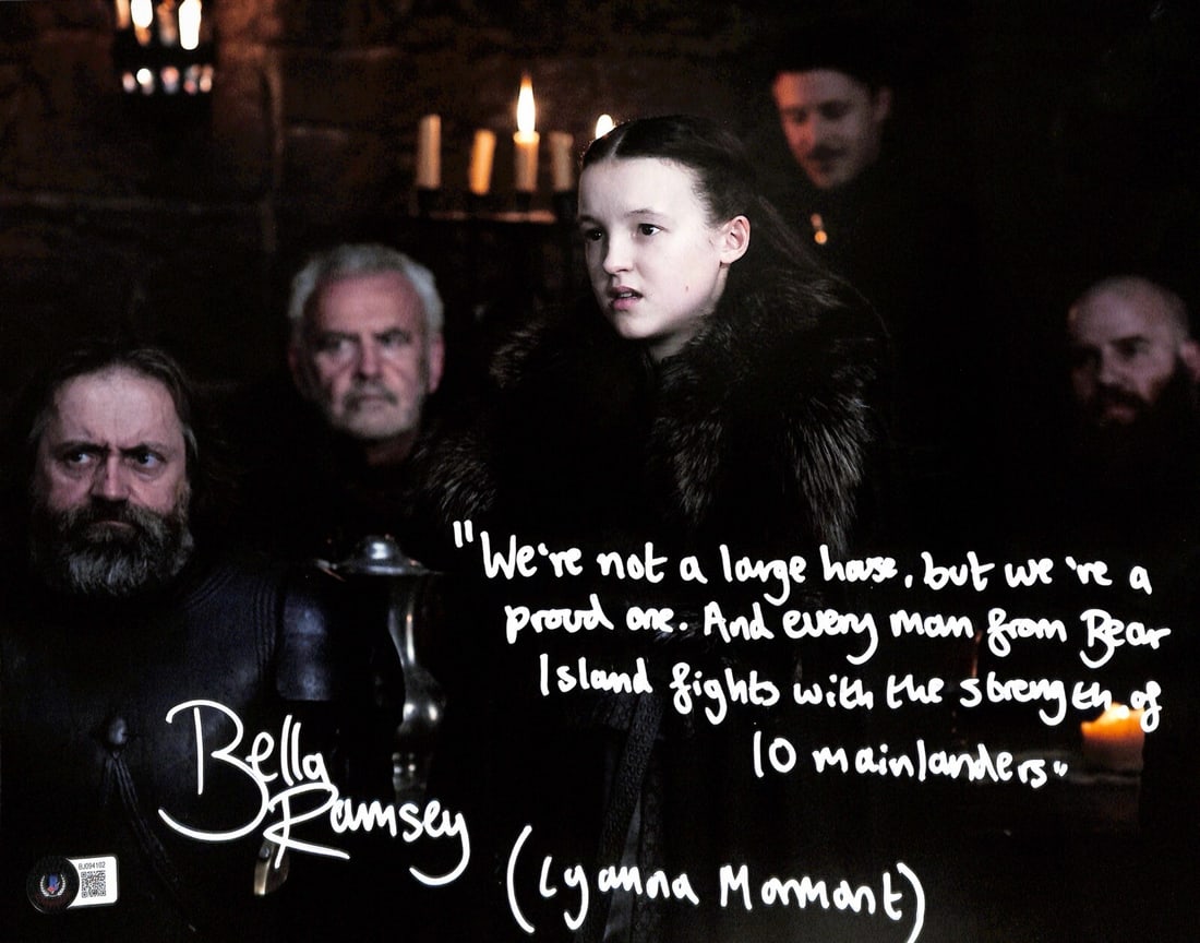 Bella Ramsey Signed 11x14 Game of Thrones Photo with Inscription Beckett Certified: Bella Ramsey Signed 11x14 Game of Thrones Photo with Inscription Beckett Certified This is a signed 11x14 photograph of Bella Ramsey, known for her role as "Lyanna Mormont" in the acclaimed TV series