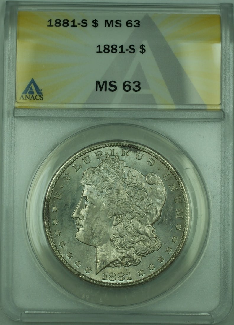 ANACS MS-63 1881-S Morgan Silver Dollar San Francisco Lightly Toned: ANACS MS-63 1881-S Morgan Silver Dollar San Francisco Lightly Toned This is an 1881-S Morgan Silver Dollar $1 coin minted in San Francisco. Certified by ANACS and graded MS-63, the coin features a lig