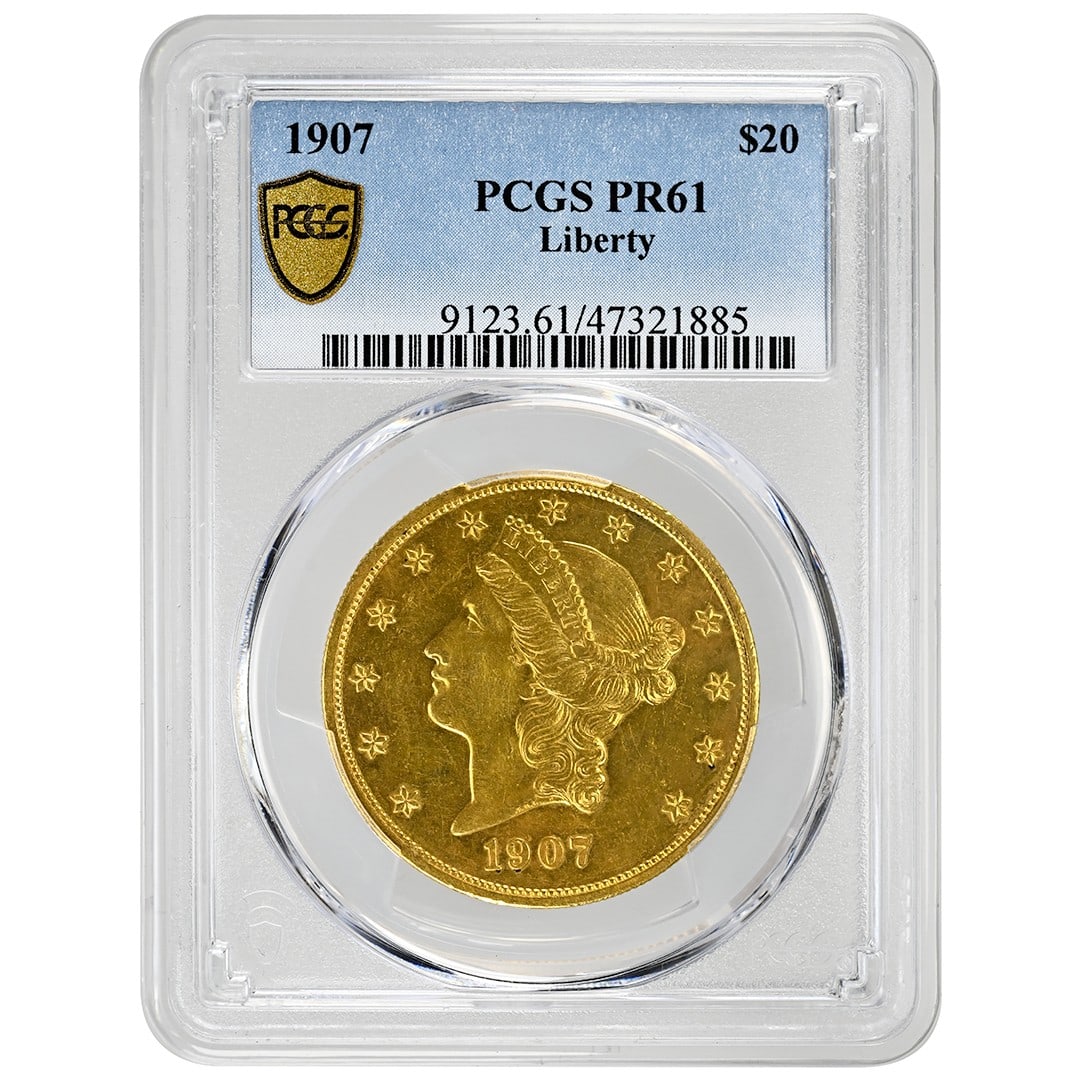 1907 Proof $20 Liberty Head Gold Coin PCGS PR61 Philadelphia Mint: 1907 Proof $20 Liberty Head Gold Coin PCGS PR61 Philadelphia Mint This is a rare 1907 $20 Liberty Head gold coin, graded PR61 by PCGS. Struck as a proof at the Philadelphia Mint, this uncirculated coi