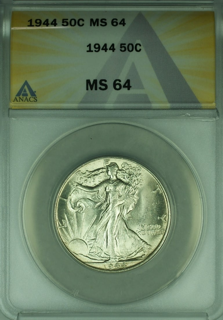 ANACS MS64 1944 Walking Liberty Half Dollar Silver Coin 50 Cent: ANACS MS64 1944 Walking Liberty Half Dollar Silver Coin 50 Cent This 1944 Walking Liberty Half Dollar is an un-used silver coin from the United States, featuring the iconic Liberty Walking design. Cer