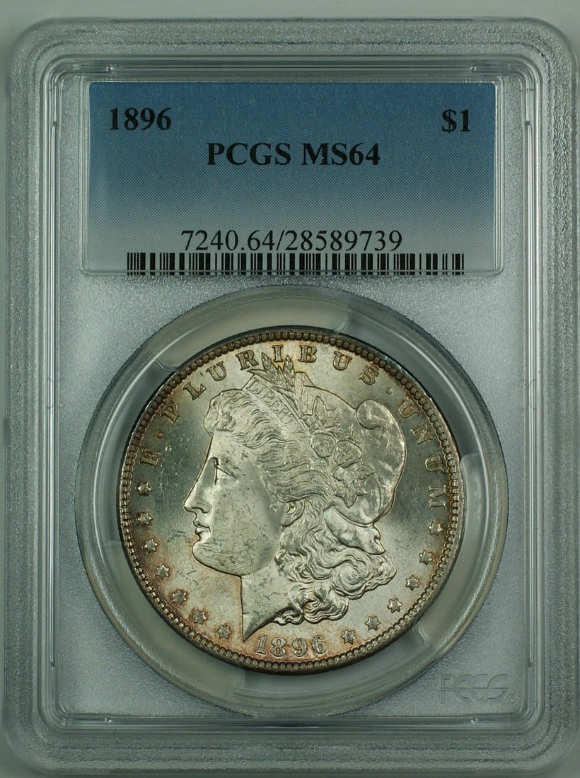 PCGS MS64 1896 Philadelphia Morgan Dollar Silver Coin United States: PCGS MS64 1896 Philadelphia Morgan Dollar Silver Coin United States This is a 1896 Morgan Silver Dollar coin graded MS-64 by PCGS. The coin is uncirculated and was minted in Philadelphia. It is compos