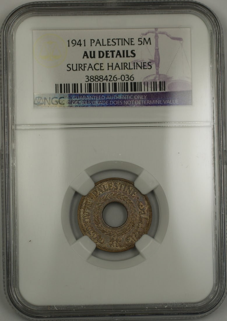1941 Five Mils Palestine Coin NGC AU Details Graded: 1941 Five Mils Palestine Coin NGC AU Details Graded This 1941 Palestine 5 Mils coin has been certified by NGC with an AU Details grade and noted surface hairlines. The coin is circulated and pre-owned