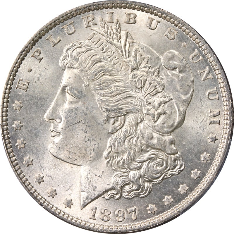 1897-P Morgan Silver Dollar PCGS MS64 Uncirculated Silver Coin: 1897-P Morgan Silver Dollar PCGS MS64 Uncirculated Silver Coin This stunning 1897-P Morgan Silver Dollar is certified by PCGS as MS64, showcasing remarkable eye appeal and luster. The coin features a