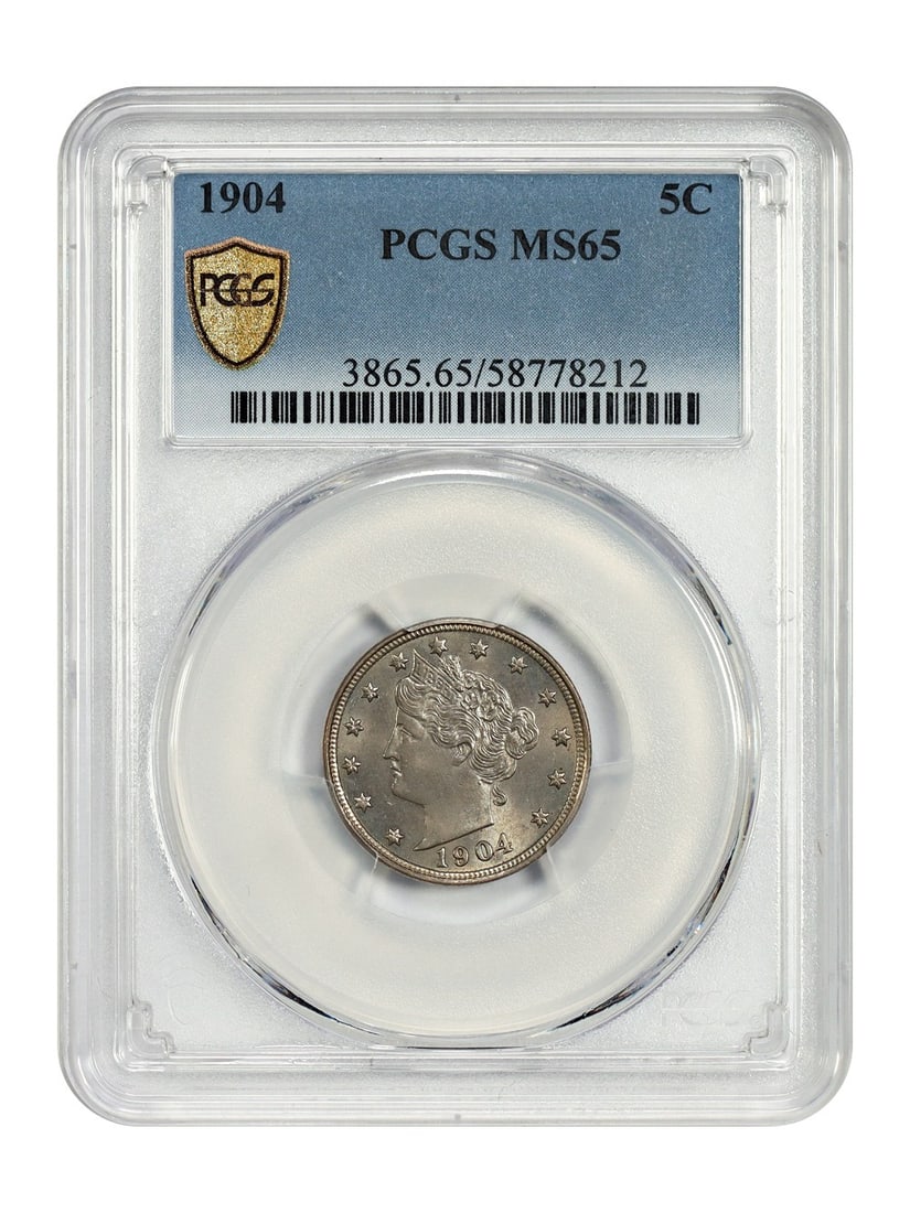 PCGS Graded MS65 1904 Liberty Nickel Five Cent Coin: PCGS Graded MS65 1904 Liberty Nickel Five Cent Coin This is a 1904 Liberty Nickel graded MS65 by PCGS, featuring a 5-cent denomination. The coin is uncirculated and was minted in Philadelphia. It belo