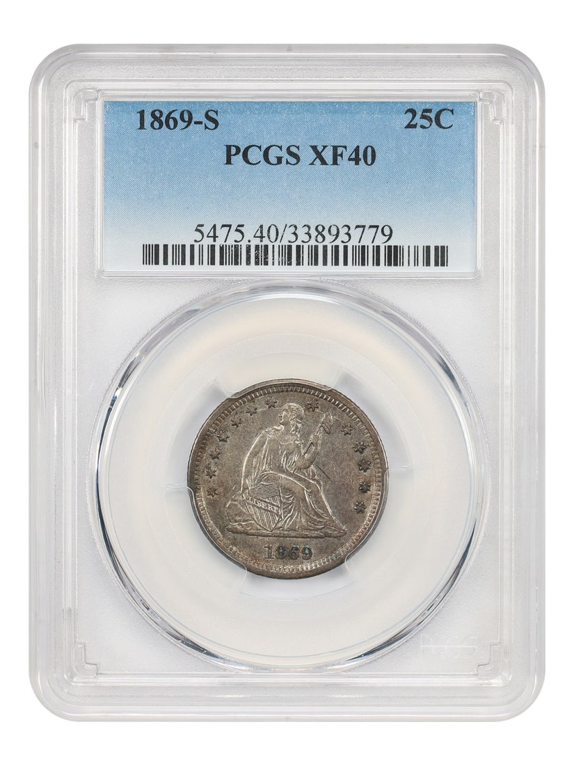 PCGS XF40 1869 San Francisco Liberty Seated Quarter 25C: PCGS XF40 1869 San Francisco Liberty Seated Quarter 25C This is an 1869-S Liberty Seated Quarter, graded XF40 by PCGS. Only 69,000 examples of this scarce coin were minted at the San Francisco Mint, m