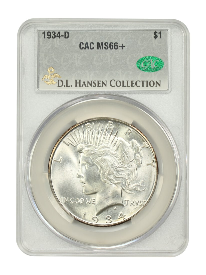 1934-D $1 CACG MS66+ Peace Dollar D.L. Hansen Collection: 1934-D $1 CACG MS66+ Peace Dollar D.L. Hansen Collection This stunning 1934-D Peace Dollar, certified by CACG with a grade of MS66+, showcases exceptional luster and eye appeal. Struck at the Denver m