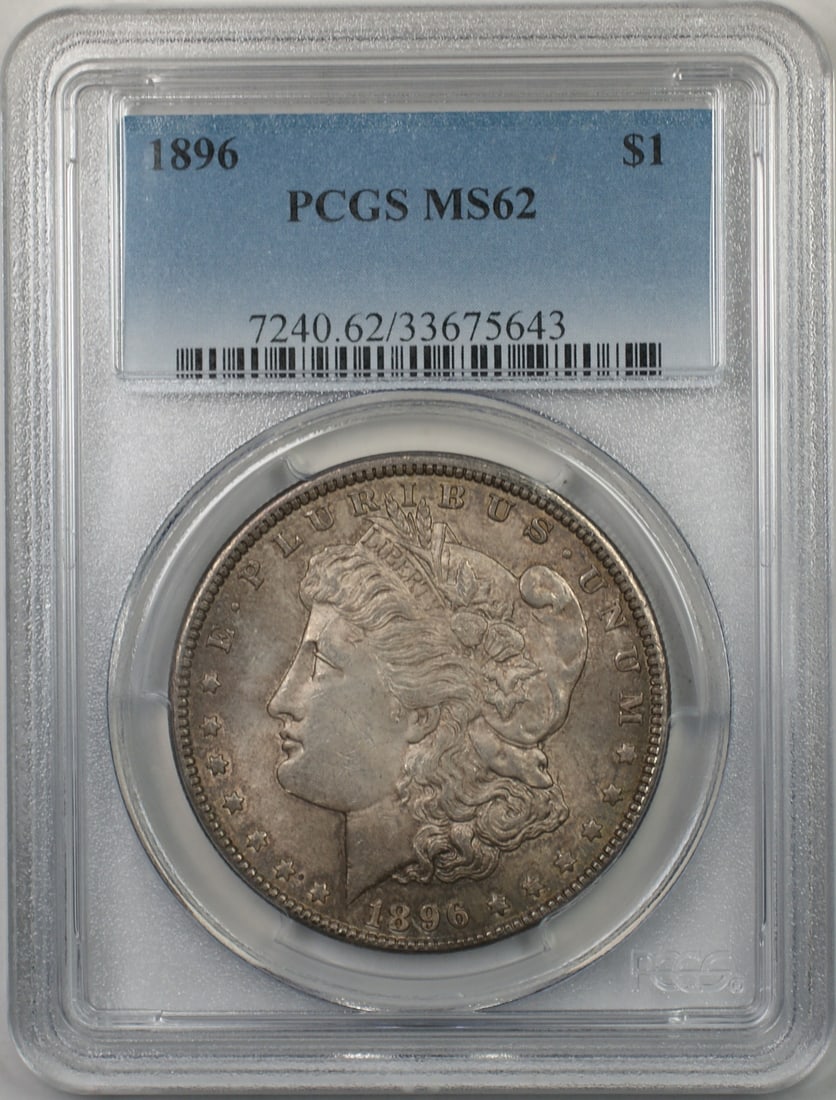 Six 1896 Toned Morgan Silver Dollars PCGS MS-62 Certified: Six 1896 Toned Morgan Silver Dollars PCGS MS-62 Certified This 1896 Morgan Silver Dollar from the United States is certified by PCGS with a grade of MS 62. The uncirculated coin features attractive to
