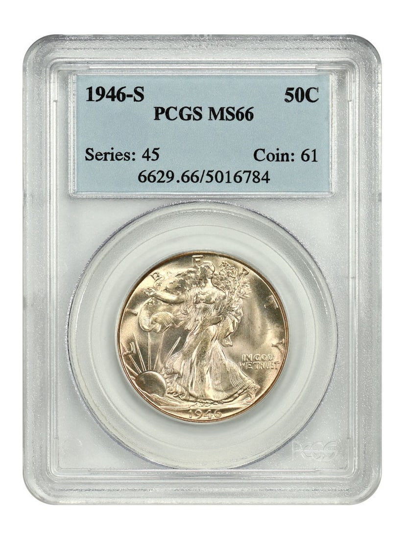 PCGS MS66 1946-S Walking Liberty Half Dollar 50 Cent Coin: PCGS MS66 1946-S Walking Liberty Half Dollar 50 Cent Coin This is a 1946-S Walking Liberty Half Dollar graded MS66 by PCGS. Struck at the San Francisco Mint, this uncirculated coin is part of the Walk