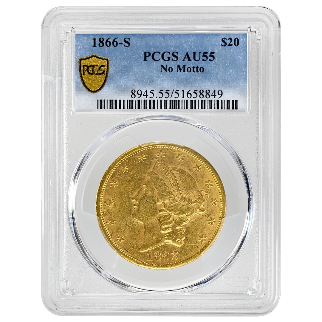 Rare 1866 San Francisco $20 Liberty Gold Coin PCGS AU55 No Motto: Rare 1866 San Francisco $20 Liberty Gold Coin PCGS AU55 No Motto This 1866-S $20 Liberty Head gold coin is a rare collectible featuring the Type 1 No Motto design. Minted in San Francisco, it is certi