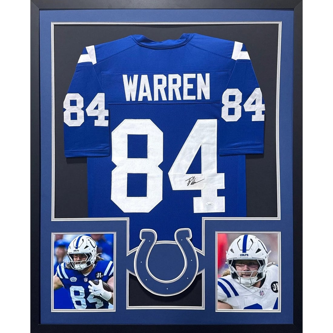 Framed Indianapolis Colts Jersey Signed by Tyler Warren with JSA Authentication: Framed Indianapolis Colts Jersey Signed by Tyler Warren with JSA Authentication This framed Indianapolis Colts jersey is autographed by Tyler Warren and comes with authentication from JSA, featuring a