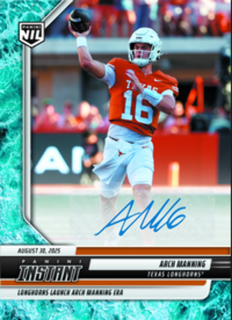 2025 Panini Instant Arch Manning Rookie Auto /10 Texas Longhorns Graded Card: 2025 Panini Instant Arch Manning Rookie Auto /10 Texas Longhorns Graded Card This is a 2025 Panini Instant Arch Manning #AMA Water Auto /10 Rookie RC Football Card. The card features an authentic auto