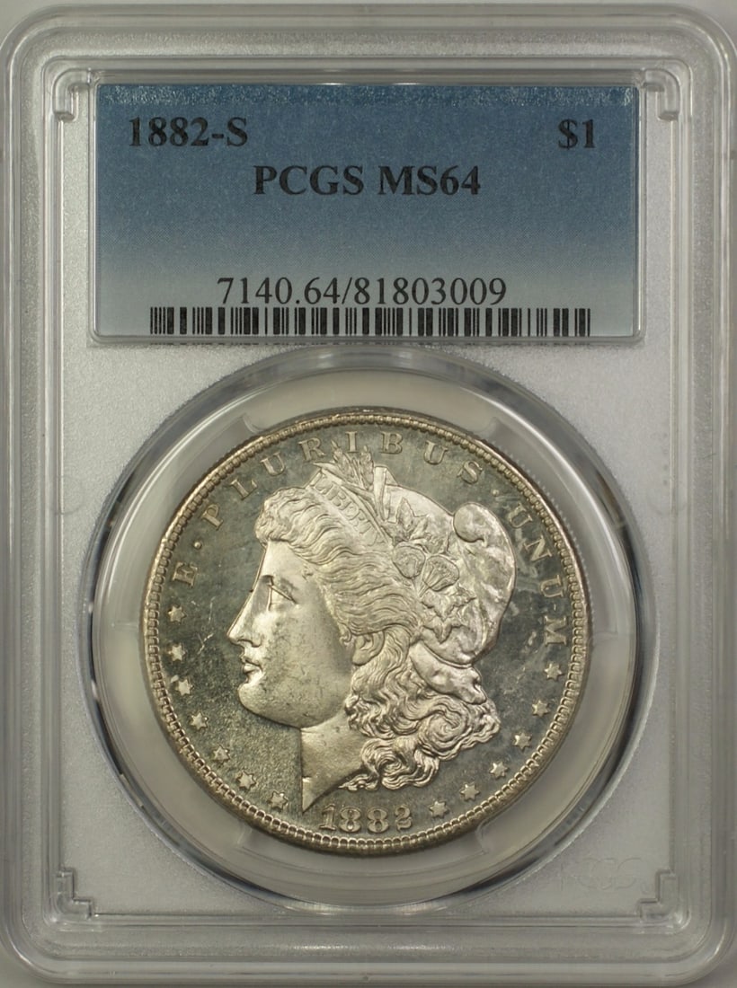 PCGS MS64 Proof-Like 1882-S Morgan Silver Dollar San Francisco Mint: PCGS MS64 Proof-Like 1882-S Morgan Silver Dollar San Francisco Mint This is an 1882-S Morgan Silver Dollar $1 coin, certified by PCGS with a grade of MS 64 and a proof-like finish. The coin was minted