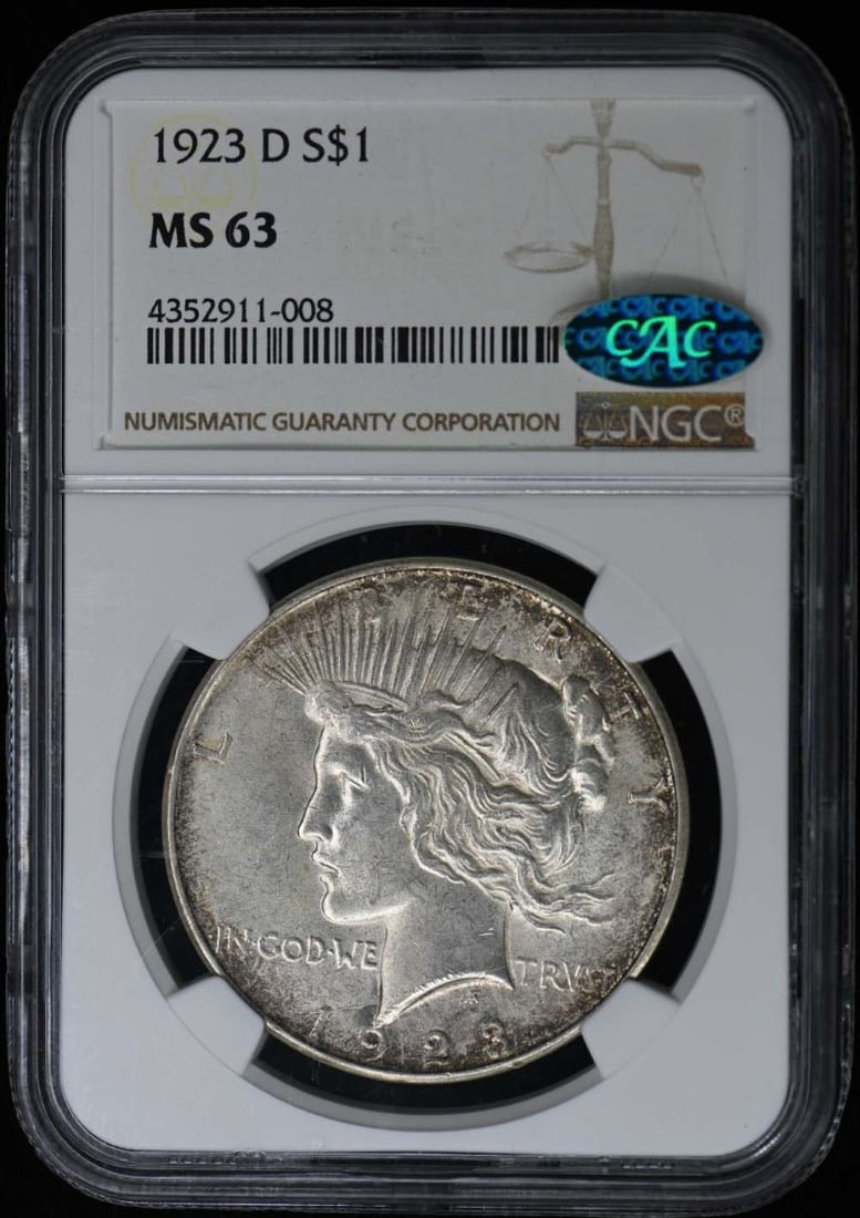 1923-D Peace Dollar S$1 NGC MS63 CAC Certified Uncirculated: 1923-D Peace Dollar S$1 NGC MS63 CAC Certified Uncirculated This 1923-D Peace Dollar, graded MS63 by NGC, is a remarkable piece of numismatic history. Struck in Denver, this uncirculated silver dollar