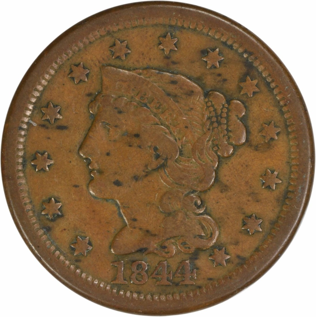 1844 Large Cent VF Braided Hair Copper Coin Philadelphia (1 of 2)