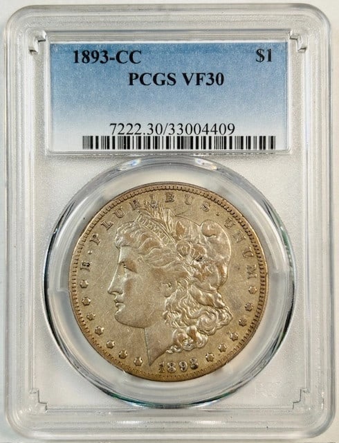 PCGS VF 30 1893 Carson City Morgan Silver Dollar: PCGS VF 30 1893 Carson City Morgan Silver Dollar This is an 1893 Carson City Morgan Silver Dollar graded VF-30 by PCGS. The coin is composed of silver, has a denomination of one dollar, and originates