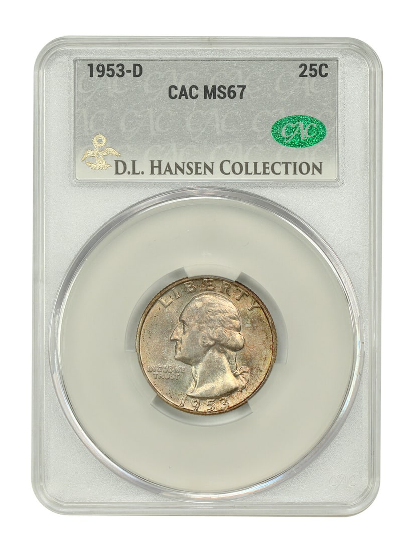 1953-D Washington Quarter CACG MS67 Denver Mint 25C: 1953-D Washington Quarter CACG MS67 Denver Mint 25C This 1953-D Washington Quarter is a stunning example of numismatic excellence, certified by CACG with a grade of MS67. It showcases an uncirculated