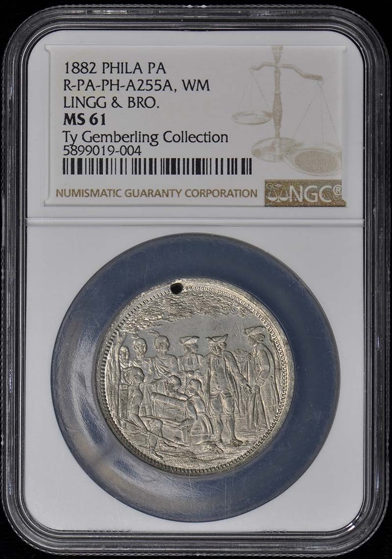1882 Lingg Bro Coin NGC MS61 Uncirculated Philadelphia: 1882 Lingg Bro Coin NGC MS61 Uncirculated Philadelphia This 1882 Philadelphia mint coin, issued by Lingg Brothers, is certified by NGC with a grade of MS61. It is in uncirculated condition, showcasing