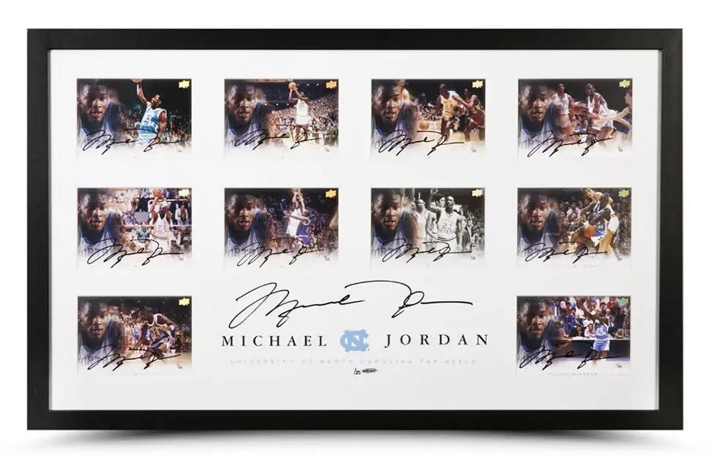 Michael Jordan Signed Framed Photo Card Collage UNC #/25 with 11 Autos: Michael Jordan Signed Framed Photo Card Collage UNC #/25 with 11 Autos This stunning Michael Jordan Autographed Framed Photo Card Collage is a must-have for any basketball fan and collector. Featuring