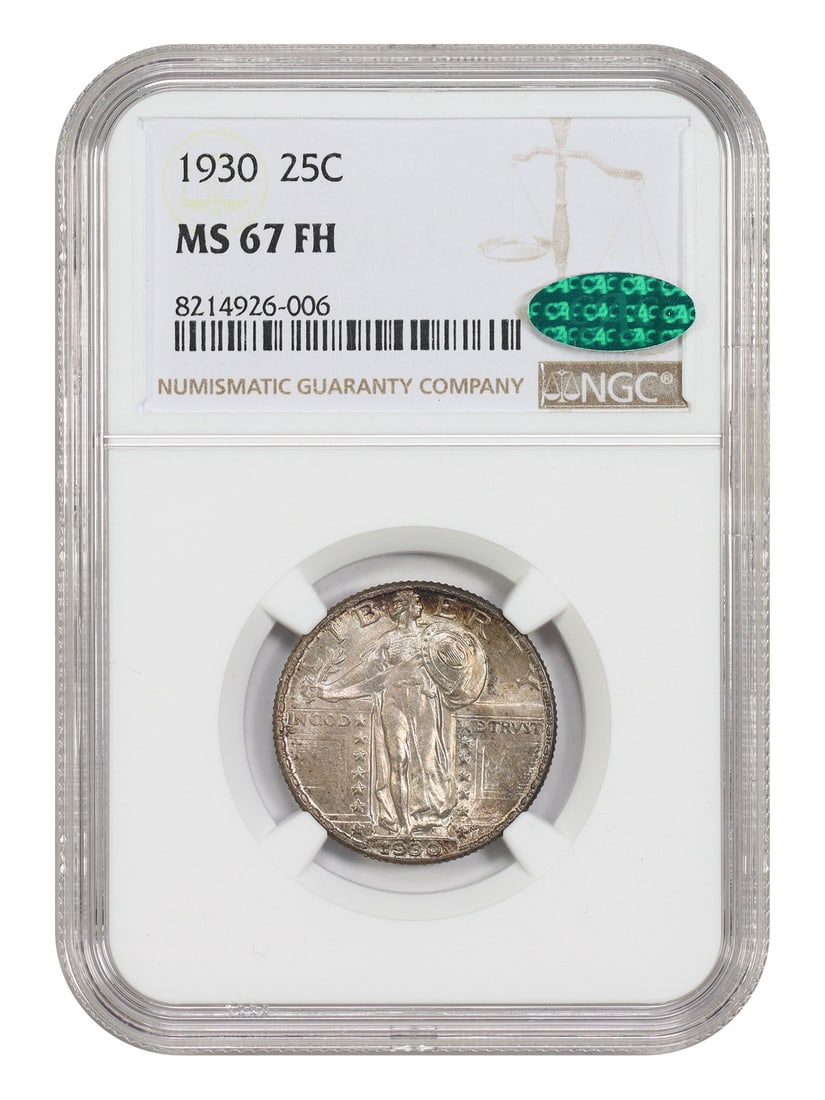 Standing Liberty Quarter 1930 NGC CAC MS67FH Philadelphia Mint 25C: Standing Liberty Quarter 1930 NGC CAC MS67FH Philadelphia Mint 25C This is a 1930 Standing Liberty Quarter graded MS67FH by NGC and certified by CAC. Struck in Philadelphia, this uncirculated 25-cent