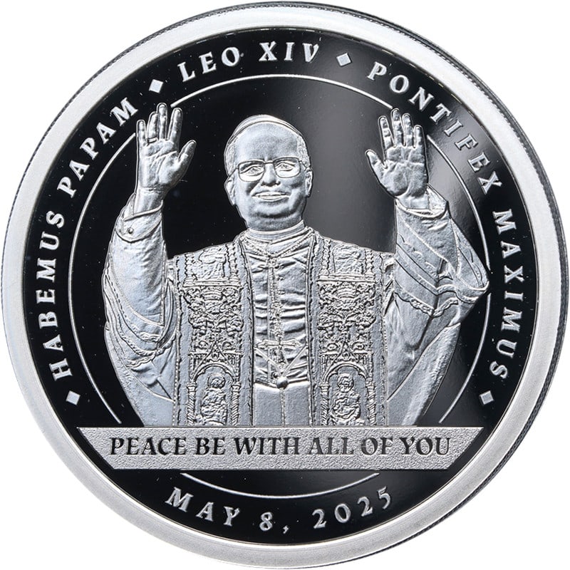 2025 Liberia 1 Ounce Silver $2 Pope Leo XIV Proof Coin OGP COA: 2025 Liberia 1 Ounce Silver $2 Pope Leo XIV Proof Coin OGP COA This 2025 Liberia 1 Ounce Silver $2 coin features Pope Leo XIV in a stunning proof finish. It showcases exceptional eye appeal, brilliant
