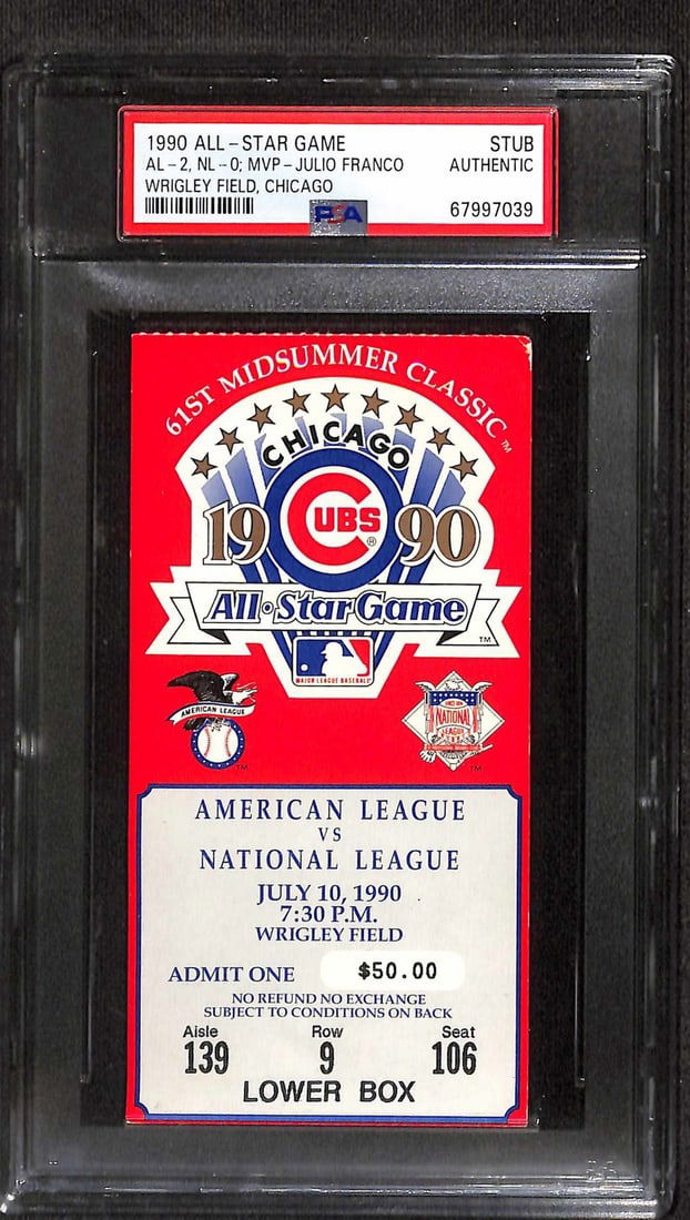 1990 MLB All-Star Game Ticket Stub PSA Authentic Wrigley Field: 1990 MLB All-Star Game Ticket Stub PSA Authentic Wrigley Field This is an original 1990 MLB All-Star Game ticket stub, authenticated and encapsulated by PSA, from the historic Wrigley Field in Chicago