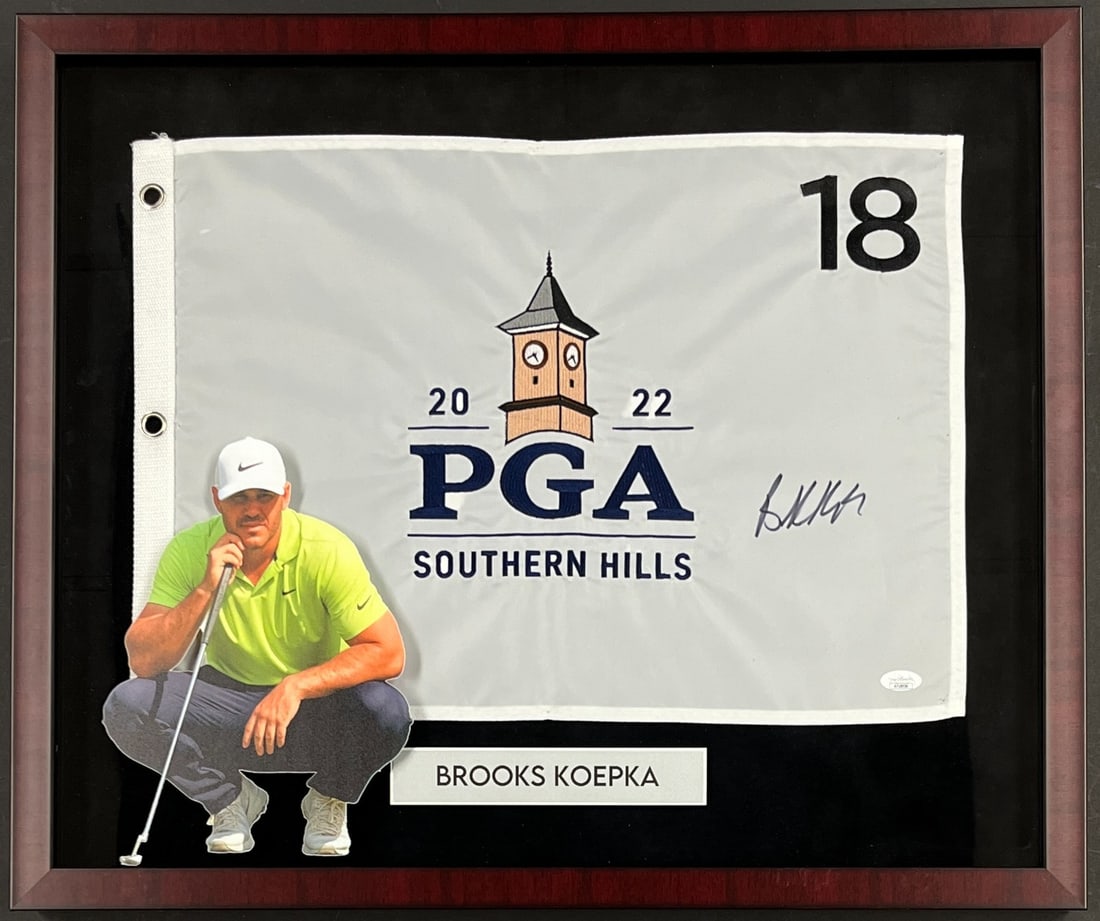 Brooks Koepka Signed 2022 PGA Southern Hills Flag Framed JSA Certified: Brooks Koepka Signed 2022 PGA Southern Hills Flag Framed JSA Certified This professionally framed display features a 2022 PGA Southern Hills pin flag signed by golf star Brooks Koepka. The flag is ele