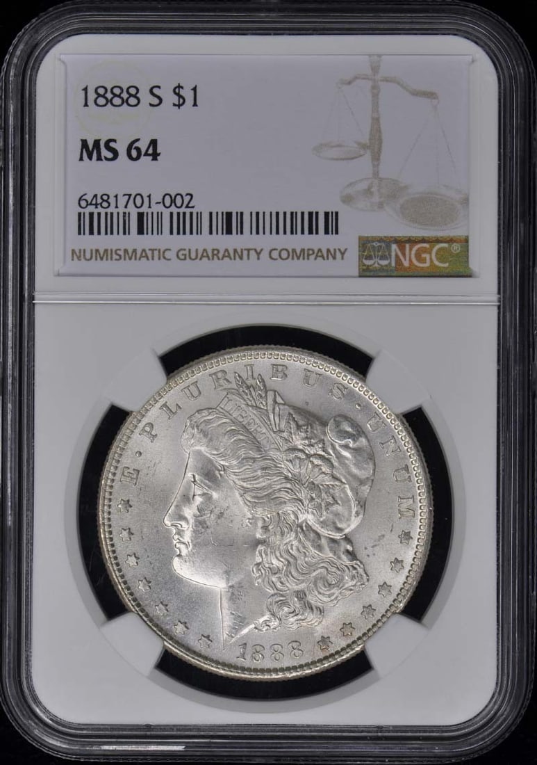 1888-S NGC MS64 Uncirculated Morgan Dollar San Francisco: 1888-S NGC MS64 Uncirculated Morgan Dollar San Francisco This 1888-S Morgan Dollar is a stunning example of American coinage, certified by NGC with a grade of MS64. It is an uncirculated coin from the