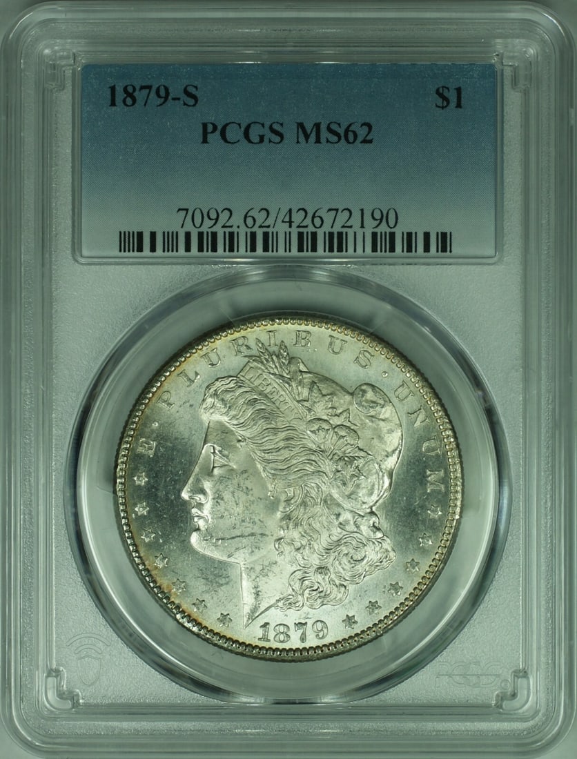 PCGS MS62 1879 San Francisco Morgan Dollar Silver Coin: PCGS MS62 1879 San Francisco Morgan Dollar Silver Coin This is an 1879-S Morgan Silver Dollar coin, certified by PCGS with a grade of MS-62. Minted in San Francisco, the coin is composed of silver and