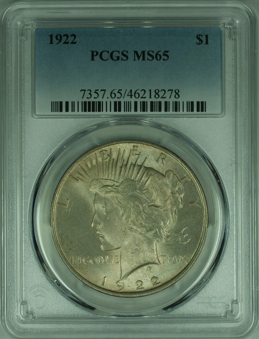 PCGS MS65 1922 Peace Dollar Silver Coin With Subtle Toning: PCGS MS65 1922 Peace Dollar Silver Coin With Subtle Toning This 1922 Peace Silver Dollar is certified by PCGS with a grade of MS-65 and features light toning. The coin was minted in Philadelphia and i