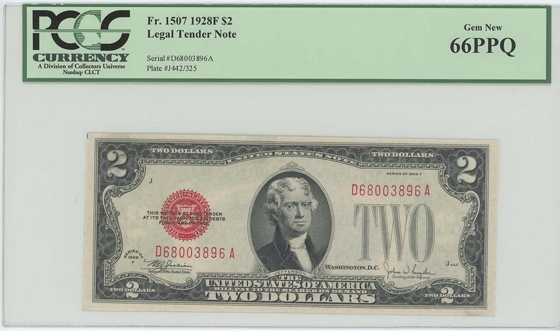 1928F $2 Legal Tender Note FR#1507 PCGS 66 Gem Uncirculated: 1928F $2 Legal Tender Note FR#1507 PCGS 66 Gem Uncirculated This 1928 $2 Legal Tender Note (FR#1507) is graded as MS66 by PCGS, indicating its exceptional quality. It is classified as Uncirculated and