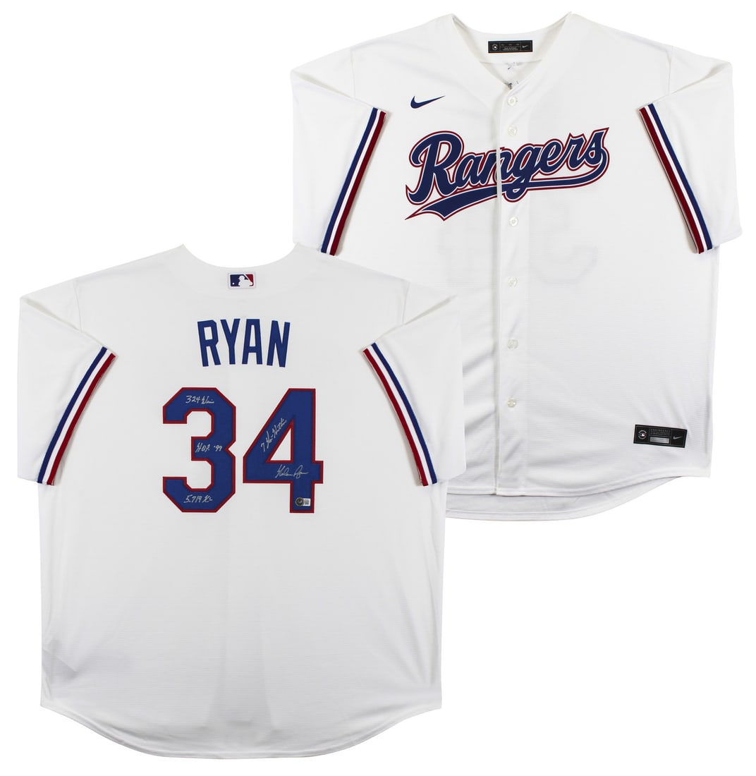 Nolan Ryan Signed White Nike Jersey HOF 99 Inscription Beckett Authenticated: Nolan Ryan Signed White Nike Jersey HOF 99 Inscription Beckett Authenticated Celebrate the legacy of Nolan Ryan with this authentic, autographed white Nike jersey from the Texas Rangers. This unique p
