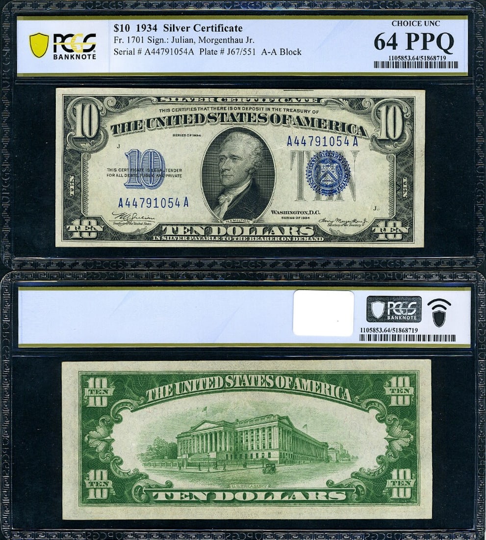 1934 $10 Silver Certificate A-A Block PCGS CU64 PPQ: 1934 $10 Silver Certificate A-A Block PCGS CU64 PPQ This is a FR. 1701 $10 Silver Certificate from 1934, featuring the A-A block. Graded as PCGS Choice CU64 PPQ, this uncirculated note offers excellen