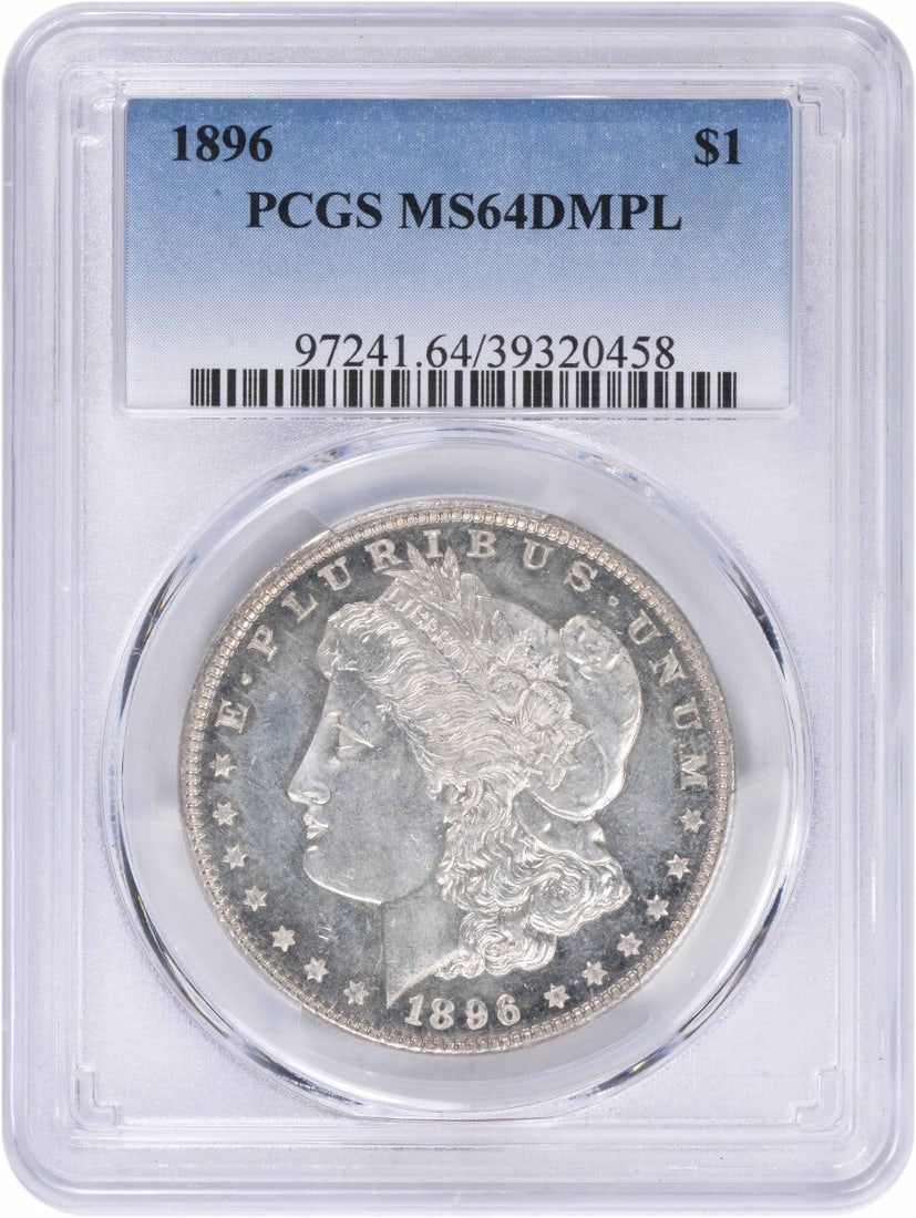 PCGS MS64DMPL 1896 Morgan Dollar Uncirculated Philadelphia Silver: PCGS MS64DMPL 1896 Morgan Dollar Uncirculated Philadelphia Silver This 1896 Morgan Silver Dollar is certified by PCGS with a grade of MS64DMPL, indicating a deep mirror proof-like surface and uncircul