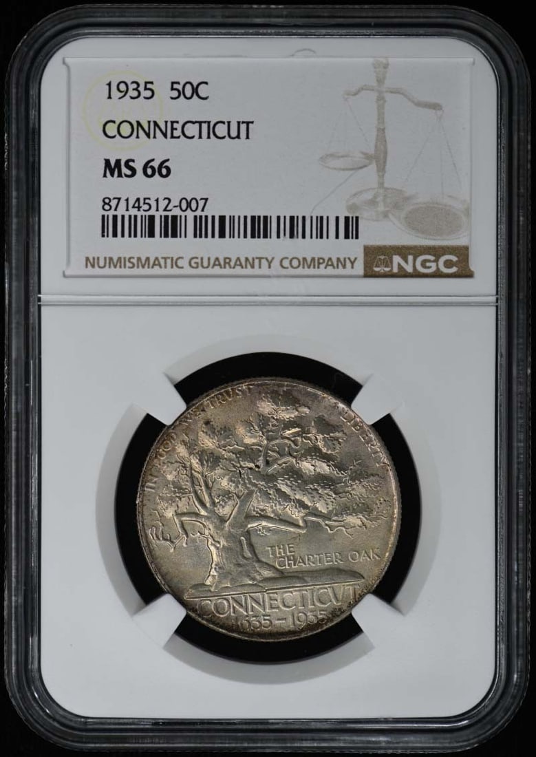 1935 Connecticut Half Dollar NGC MS66 Silver Commemorative Coin: 1935 Connecticut Half Dollar NGC MS66 Silver Commemorative Coin This 1935 Connecticut silver commemorative half dollar is graded MS66 by NGC and remains uncirculated. Struck at the Philadelphia Mint,