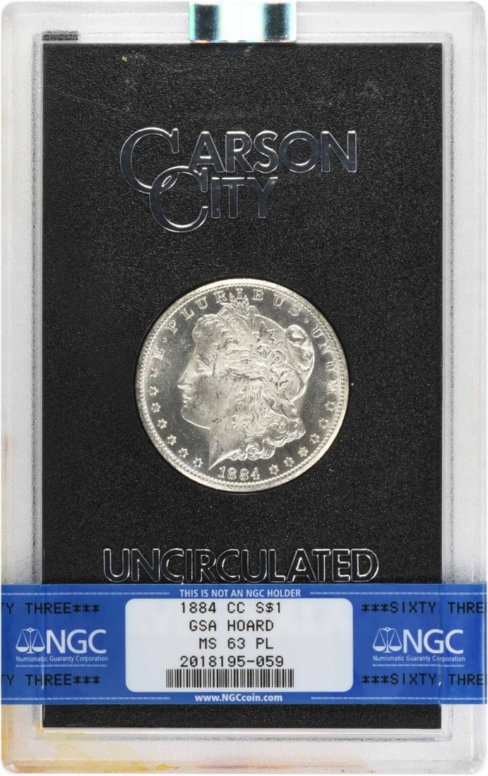 NGC MS63PL 1884 Carson City Morgan Dollar in GSA Holder: NGC MS63PL 1884 Carson City Morgan Dollar in GSA Holder This is an 1884-CC Morgan Silver Dollar, certified by NGC in a GSA holder with a grade of MS63PL. Minted at the Carson City Mint, this uncircula