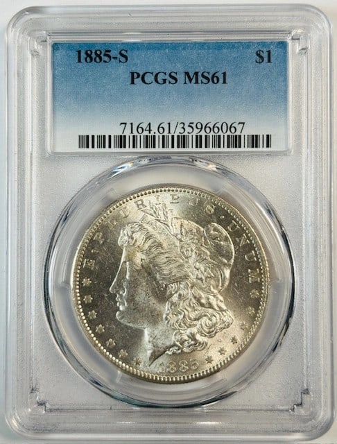PCGS MS61 1885 San Francisco Morgan Dollar Silver Coin: PCGS MS61 1885 San Francisco Morgan Dollar Silver Coin This 1885 S Morgan Silver Dollar is graded MS 61 by PCGS and is uncirculated. Minted in San Francisco, it is composed of silver and comes with PC