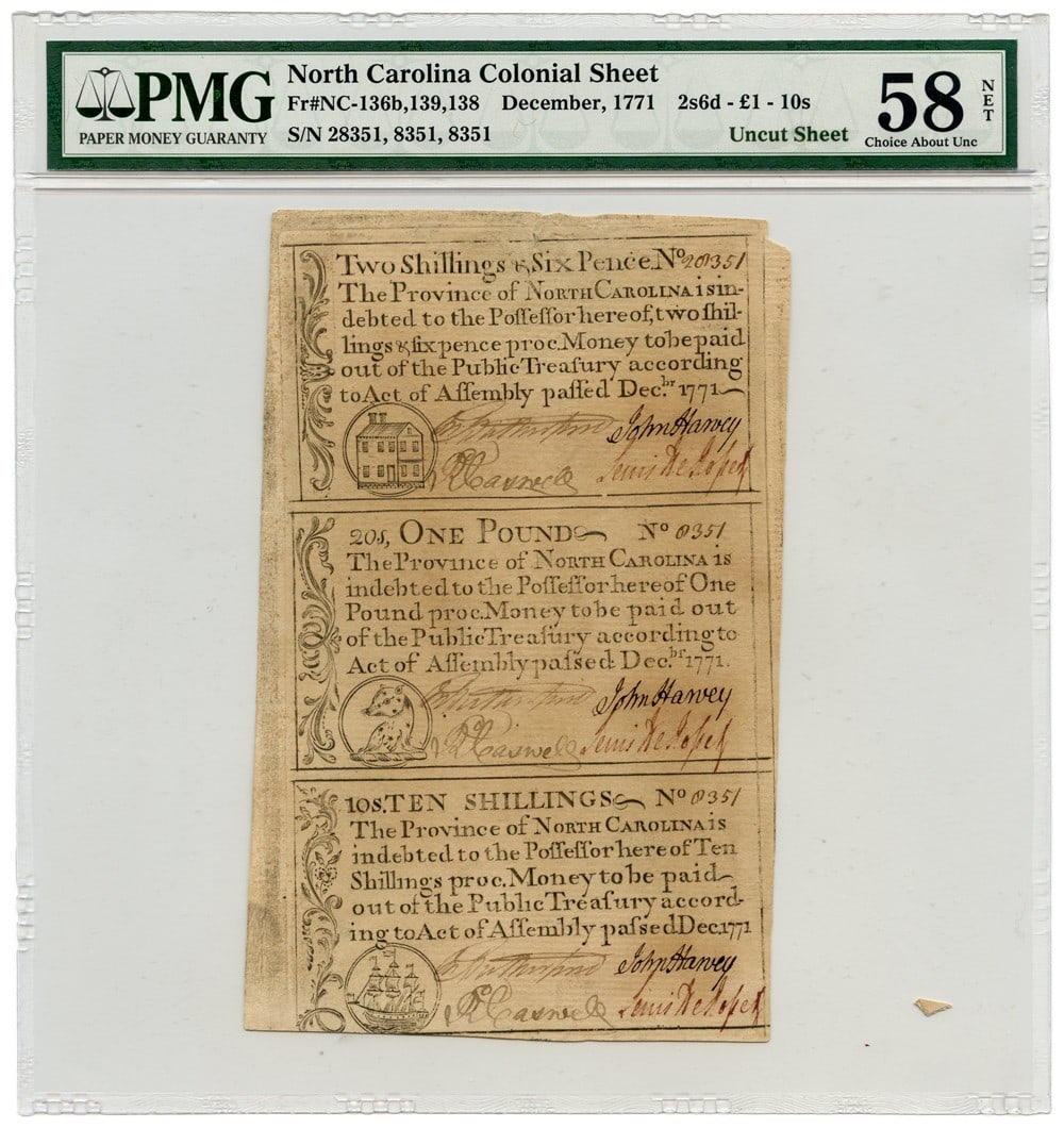 Rare Uncut Sheet North Carolina Colonial Currency Dec 1771 PMG Ch AU58: Rare Uncut Sheet North Carolina Colonial Currency Dec 1771 PMG Ch AU58 This rare uncut sheet of North Carolina Colonial Currency, dated December 1771, features denominations of 2 Shillings 6 Pence, 1