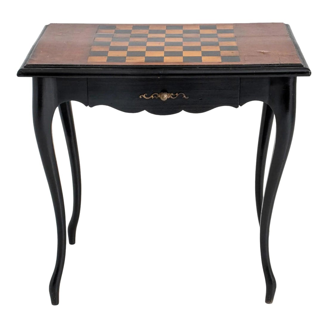 French 19th Century Louis XV Inlaid Ebonized Game Table: French 19th Century Louis XV Inlaid Ebonized Game Table This exquisite French Louis XV Style Inlaid & Ebonized Wood Game Table, also known as Table a Jeux, showcases a beautifully inlaid game board on