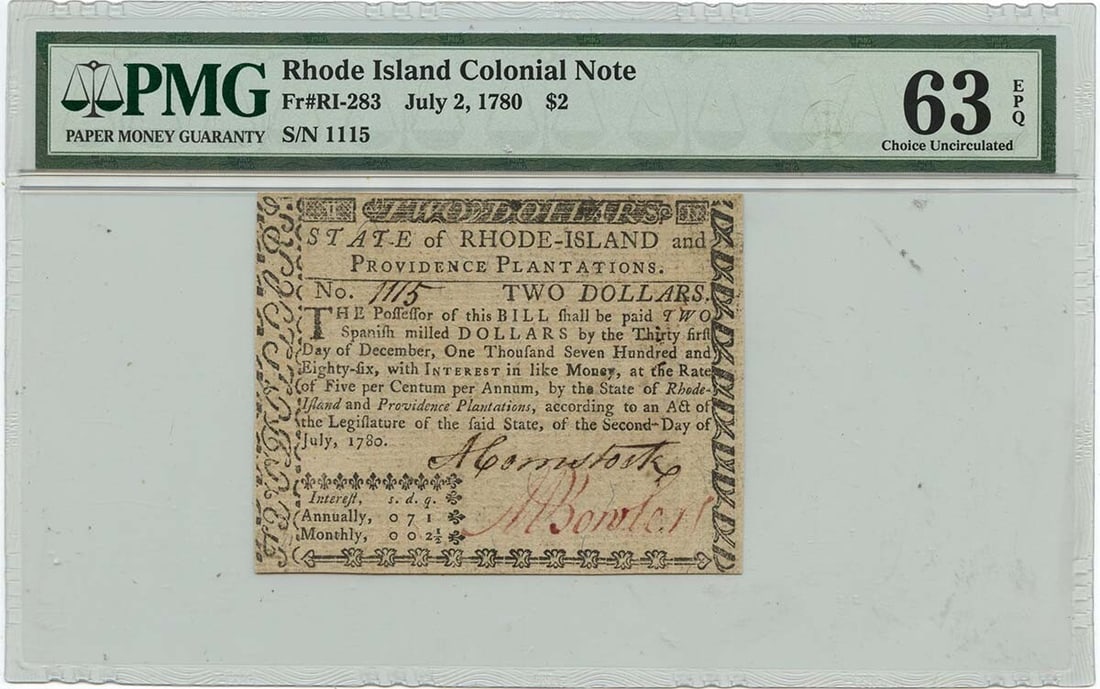 1780 $2 Rhode Island Colonial Note RI-283 PMG MS63 Fully Signed (1 of 2)