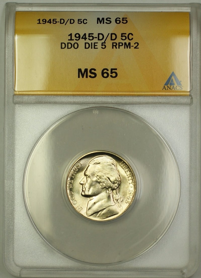1945 Denver Silver Jefferson Nickel ANACS MS-65 RPM-2 DDO Variety: 1945 Denver Silver Jefferson Nickel ANACS MS-65 RPM-2 DDO Variety This 1945-D/D RPM-2 DDO Die 5 Jefferson Nickel is a wartime issue composed of silver. Minted in Denver, the coin has been certified by