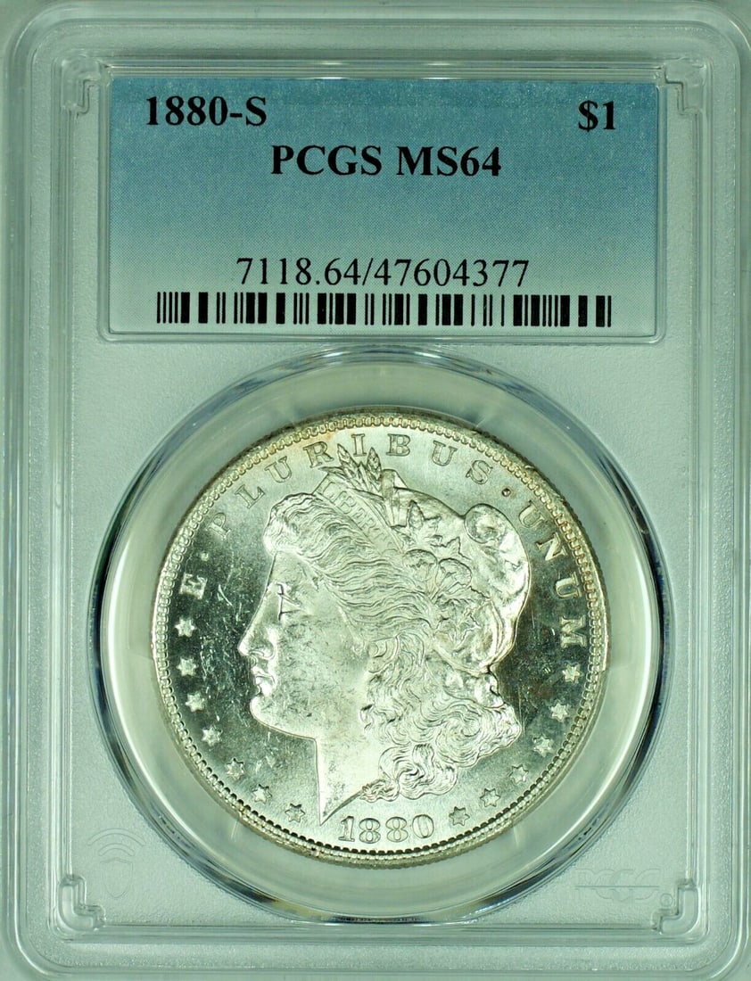 PCGS MS64 1880-S Morgan Dollar Silver Uncirculated Blast White: PCGS MS64 1880-S Morgan Dollar Silver Uncirculated Blast White This is an 1880-S Morgan Silver Dollar graded MS 64 by PCGS. The coin features a blast white appearance and remains uncirculated, highlig