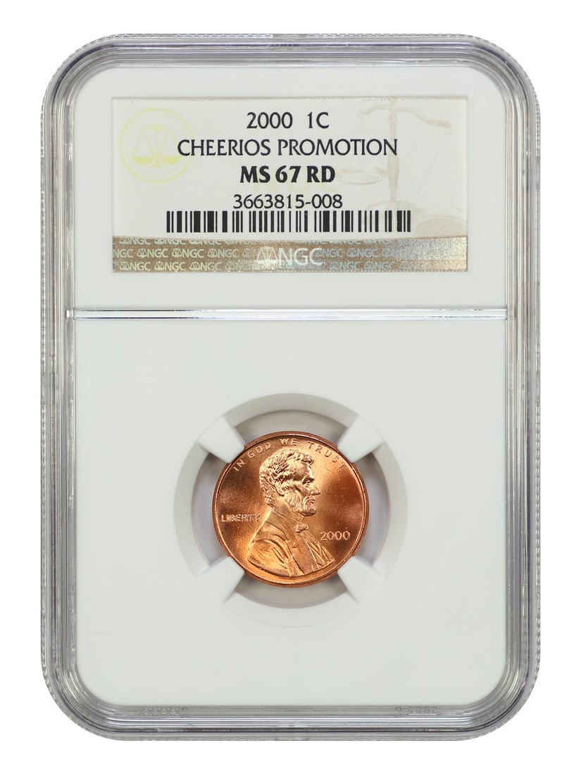 2000 NGC MS67RD Cheerios Lincoln Cent Uncirculated: 2000 NGC MS67RD Cheerios Lincoln Cent Uncirculated This 2000 1C NGC MS67RD "Cheerios" Cent is a stunning example of a modern Lincoln Cent. Graded MS67 by NGC, this uncirculated coin features an impres