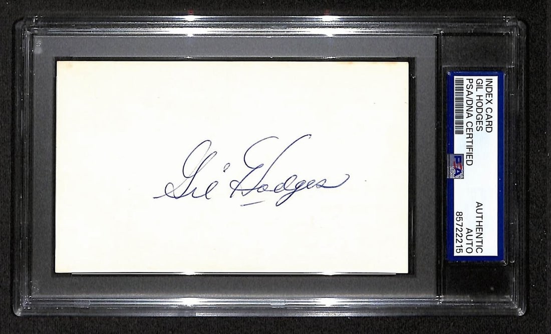 Autographed 3x5 Index Card Gil Hodges HOF PSA DNA Dodgers: Autographed 3x5 Index Card Gil Hodges HOF PSA DNA Dodgers This is an original 3x5 index card signed by Hall of Famer Gil Hodges. The autograph has been authenticated by PSA/DNA. The card relates to th