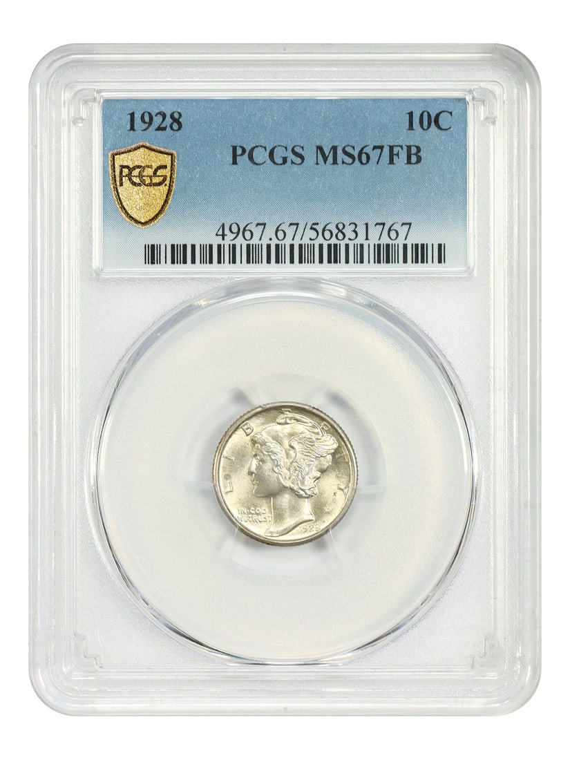 1928 Mercury Dime 10C PCGS MS67FB Philadelphia Uncirculated: 1928 Mercury Dime 10C PCGS MS67FB Philadelphia Uncirculated This 1928 Mercury Dime is certified by PCGS with a grade of MS67FB, indicating exceptional quality and full band designation. The coin featu