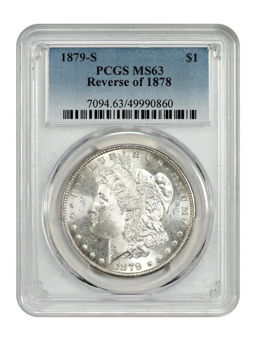 Reverse of 1878 1879-S Morgan Dollar PCGS MS63 Scarce Top-100 VAM Variety: Reverse of 1878 1879-S Morgan Dollar PCGS MS63 Scarce Top-100 VAM Variety This is an 1879-S Morgan Dollar featuring the Reverse of 1878, a scarce and sought-after variety recognized as a Top-100 VAM.