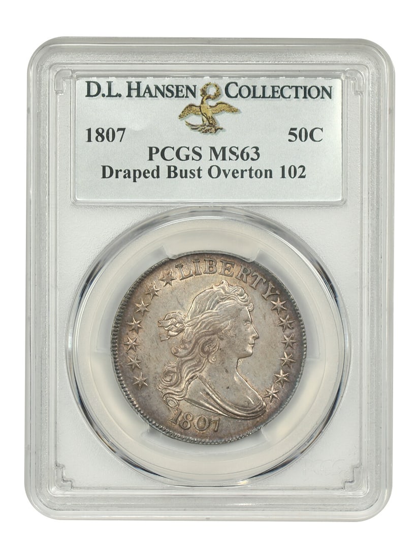 1807 Draped Bust Half Dollar PCGS MS63 Overton-102 D.L. Hansen: 1807 Draped Bust Half Dollar PCGS MS63 Overton-102 D.L. Hansen This 1807 50C PCGS MS63 Draped Bust Half Dollar is a remarkable piece, representing the finest known example of the Overton-102 variety.