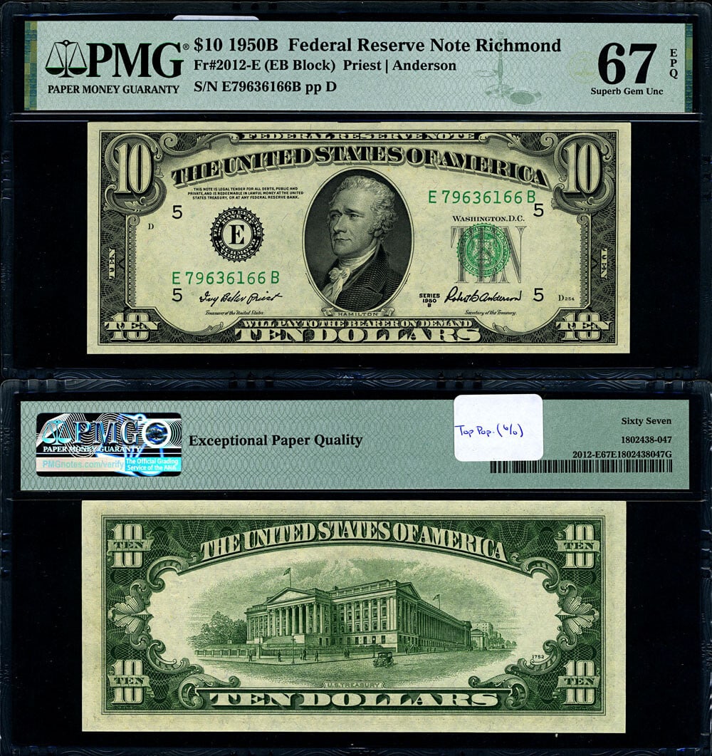 1950-B $10 Federal Reserve Note Richmond E-B Block PMG CU67 EPQ: 1950-B $10 Federal Reserve Note Richmond E-B Block PMG CU67 EPQ This is a 1950-B Federal Reserve Note, denomination $10, issued by the Richmond Federal Reserve. It is graded as Superb CU67 EPQ by PMG,
