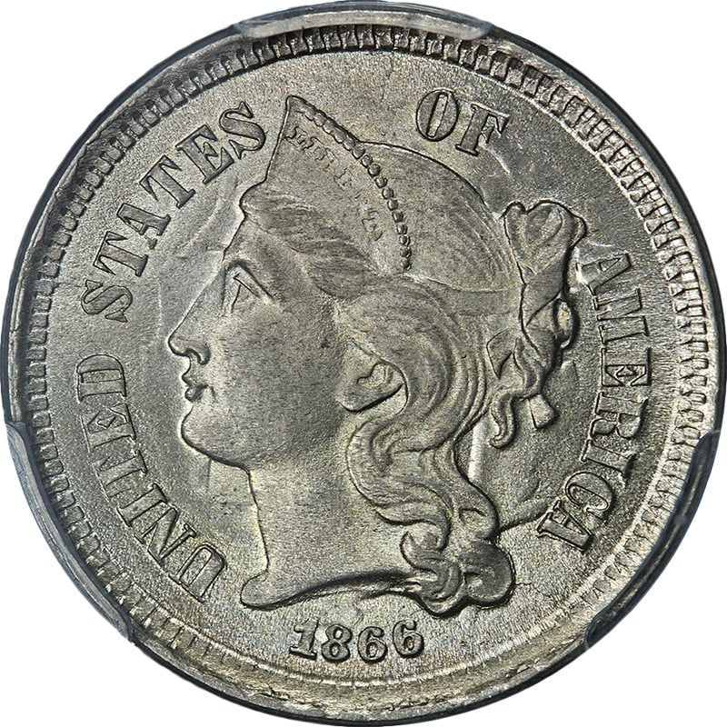 1866 Three Cent Nickel PCGS MS64 Uncirculated Superb Eye Appeal: 1866 Three Cent Nickel PCGS MS64 Uncirculated Superb Eye Appeal This exquisite 1866 Three (3) Cent Nickel is graded PCGS MS64, showcasing superb eye appeal with excellent luster and a strong strike. T